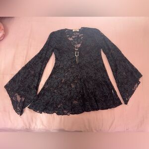 Whimsigoth Black Rhinestone Sequence Bell Sleeve Lace Top